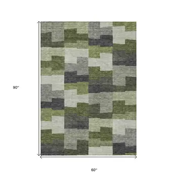 5' X 8' Olive Green And Artichoke Green Geometric Washable Indoor Outdoor Area Rug