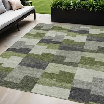 5' X 8' Olive Green And Artichoke Green Geometric Washable Indoor Outdoor Area Rug