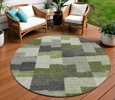 8' Olive Green And Artichoke Green Round Geometric Washable Indoor Outdoor Area Rug