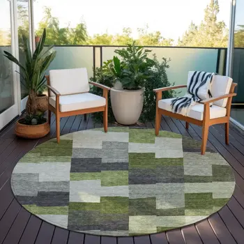 8' Olive Green And Artichoke Green Round Geometric Washable Indoor Outdoor Area Rug