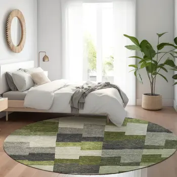 8' Olive Green And Artichoke Green Round Geometric Washable Indoor Outdoor Area Rug