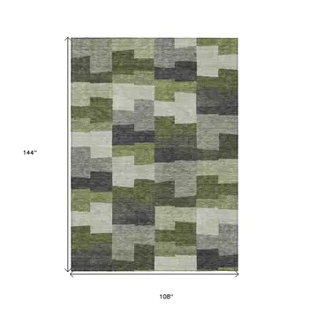 9' X 12' Olive Green And Artichoke Green Geometric Washable Indoor Outdoor Area Rug