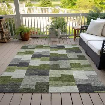 9' X 12' Olive Green And Artichoke Green Geometric Washable Indoor Outdoor Area Rug