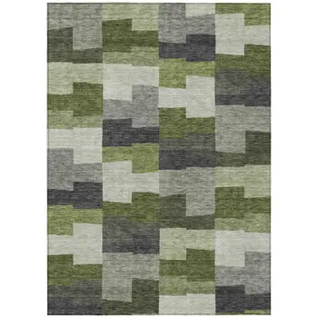 9' X 12' Olive Green And Artichoke Green Geometric Washable Indoor Outdoor Area Rug