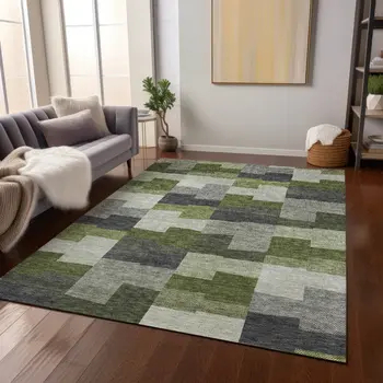 9' X 12' Olive Green And Artichoke Green Geometric Washable Indoor Outdoor Area Rug