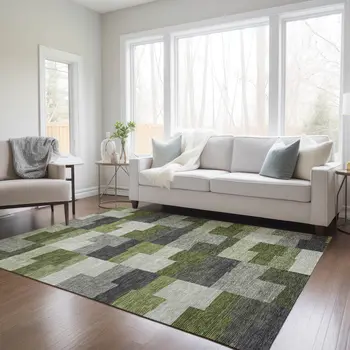 9' X 12' Olive Green And Artichoke Green Geometric Washable Indoor Outdoor Area Rug