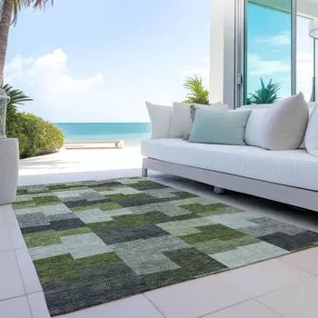 9' X 12' Olive Green And Artichoke Green Geometric Washable Indoor Outdoor Area Rug