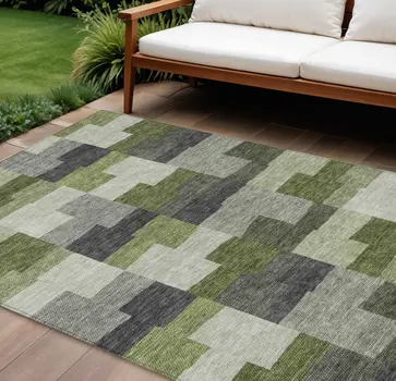 10' X 14' Olive Green And Artichoke Green Geometric Washable Indoor Outdoor Area Rug