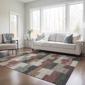 3' X 5' Orange Copper And Charcoal Geometric Washable Indoor Outdoor Area Rug