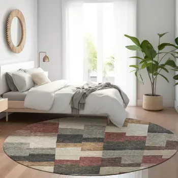 8' Orange Copper And Charcoal Round Geometric Washable Indoor Outdoor Area Rug