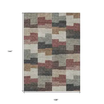 9' X 12' Orange Copper And Charcoal Geometric Washable Indoor Outdoor Area Rug