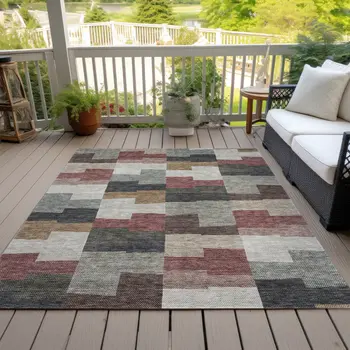 9' X 12' Orange Copper And Charcoal Geometric Washable Indoor Outdoor Area Rug