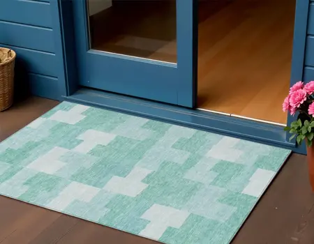 3' X 5' Teal Blue And Aqua Geometric Washable Indoor Outdoor Area Rug