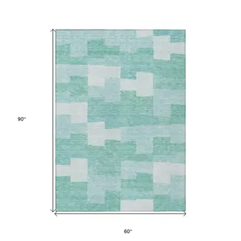 5' X 8' Teal Blue And Aqua Geometric Washable Indoor Outdoor Area Rug