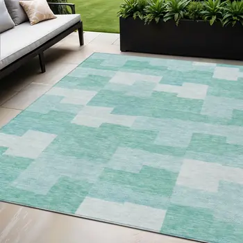 5' X 8' Teal Blue And Aqua Geometric Washable Indoor Outdoor Area Rug