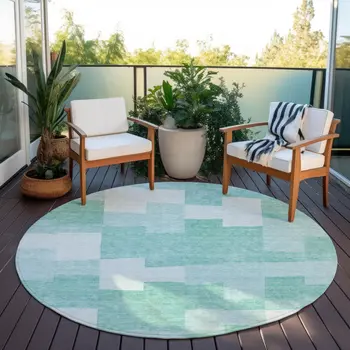 8' Teal Blue And Aqua Round Geometric Washable Indoor Outdoor Area Rug