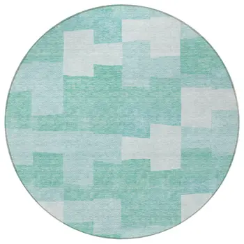 8' Teal Blue And Aqua Round Geometric Washable Indoor Outdoor Area Rug