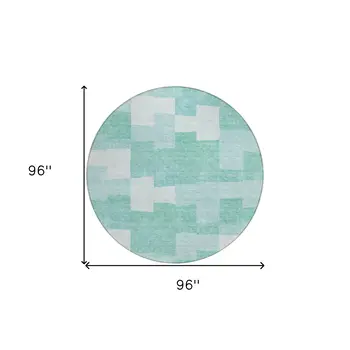 8' Teal Blue And Aqua Round Geometric Washable Indoor Outdoor Area Rug