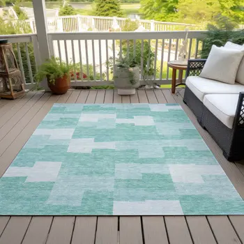 8' X 10' Teal Blue And Aqua Geometric Washable Indoor Outdoor Area Rug