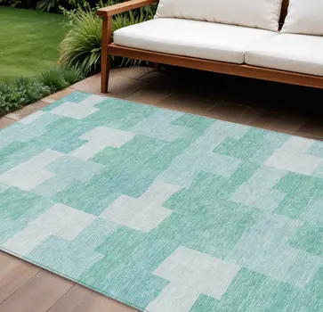 9' X 12' Teal Blue And Aqua Geometric Washable Indoor Outdoor Area Rug