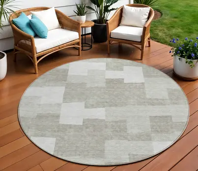 8' Taupe Brown And Beige Round Geometric Washable Indoor Outdoor Area Rug
