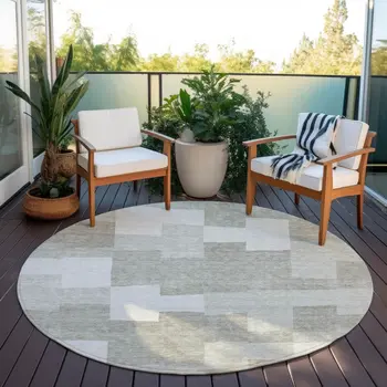 8' Taupe Brown And Beige Round Geometric Washable Indoor Outdoor Area Rug