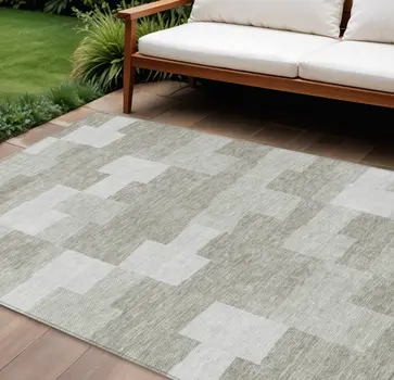 10' X 14' Taupe Brown And Beige Geometric Washable Indoor Outdoor Area Rug
