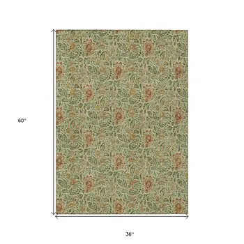 3' X 5' Green Copper And Sage Floral Washable Indoor Outdoor Area Rug