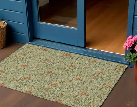 3' X 5' Green Copper And Sage Floral Washable Indoor Outdoor Area Rug