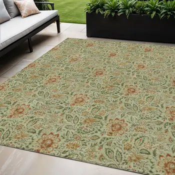 5' X 8' Green Copper And Sage Floral Washable Indoor Outdoor Area Rug