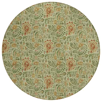 8' Green Copper And Sage Round Floral Washable Indoor Outdoor Area Rug