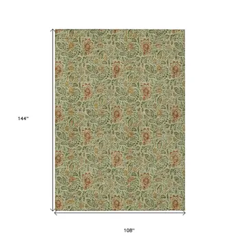9' X 12' Green Copper And Sage Floral Washable Indoor Outdoor Area Rug