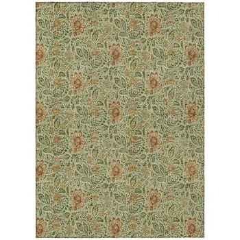 9' X 12' Green Copper And Sage Floral Washable Indoor Outdoor Area Rug