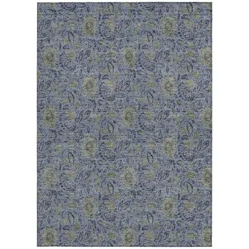 3' X 5' Denim Blue Navy Blue And Gray Floral Washable Indoor Outdoor Area Rug