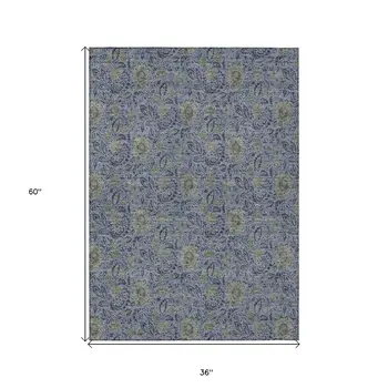 3' X 5' Denim Blue Navy Blue And Gray Floral Washable Indoor Outdoor Area Rug