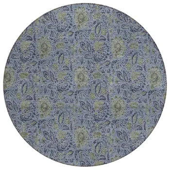 8' Denim Blue Navy Blue And Gray Round Floral Washable Indoor Outdoor Area Rug