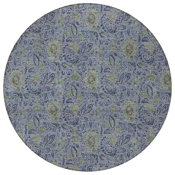 8' Denim Blue Navy Blue And Gray Round Floral Washable Indoor Outdoor Area Rug
