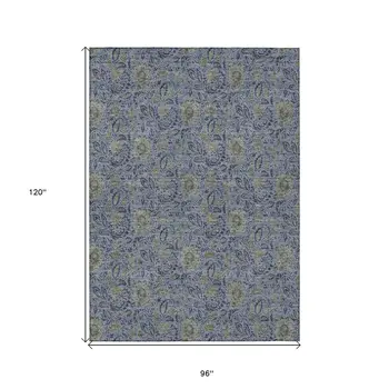 8' X 10' Denim Blue Navy Blue And Gray Floral Washable Indoor Outdoor Area Rug
