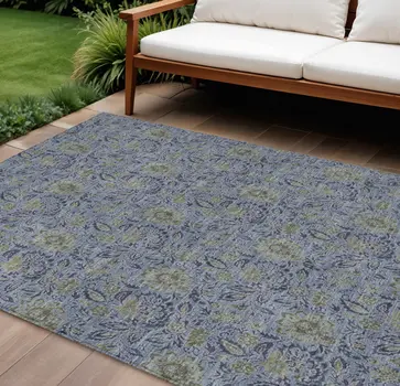 8' X 10' Denim Blue Navy Blue And Gray Floral Washable Indoor Outdoor Area Rug