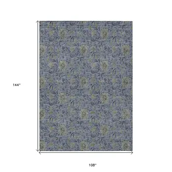 9' X 12' Denim Blue Navy Blue And Gray Floral Washable Indoor Outdoor Area Rug