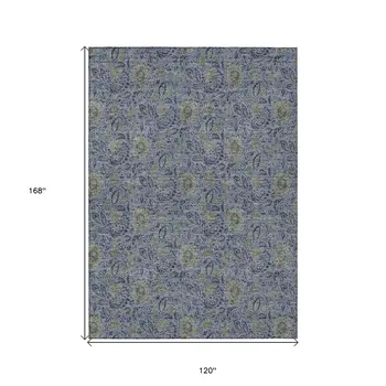 10' X 14' Denim Blue Navy Blue And Gray Floral Washable Indoor Outdoor Area Rug