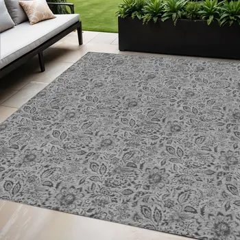 5' X 8' Gray Silver And Charcoal Floral Washable Indoor Outdoor Area Rug