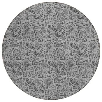 8' Gray Silver And Charcoal Round Floral Washable Indoor Outdoor Area Rug