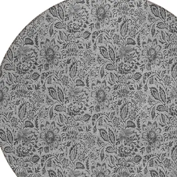 8' Gray Silver And Charcoal Round Floral Washable Indoor Outdoor Area Rug