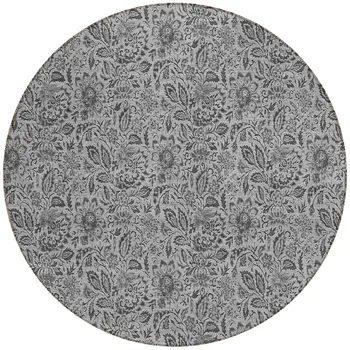 8' Gray Silver And Charcoal Round Floral Washable Indoor Outdoor Area Rug