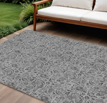 10' X 14' Gray Silver And Charcoal Floral Washable Indoor Outdoor Area Rug