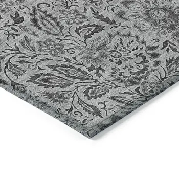 10' X 14' Gray Silver And Charcoal Floral Washable Indoor Outdoor Area Rug