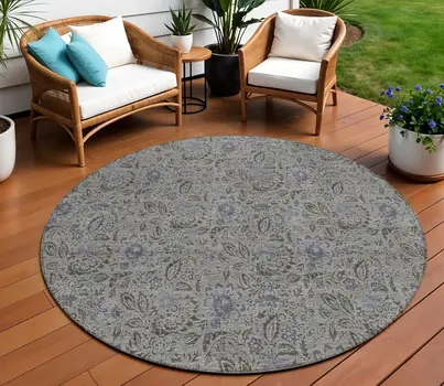 8' Khaki Taupe And Gray Round Floral Washable Indoor Outdoor Area Rug