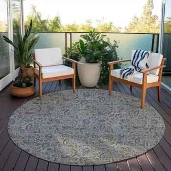 8' Khaki Taupe And Gray Round Floral Washable Indoor Outdoor Area Rug
