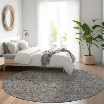 8' Khaki Taupe And Gray Round Floral Washable Indoor Outdoor Area Rug